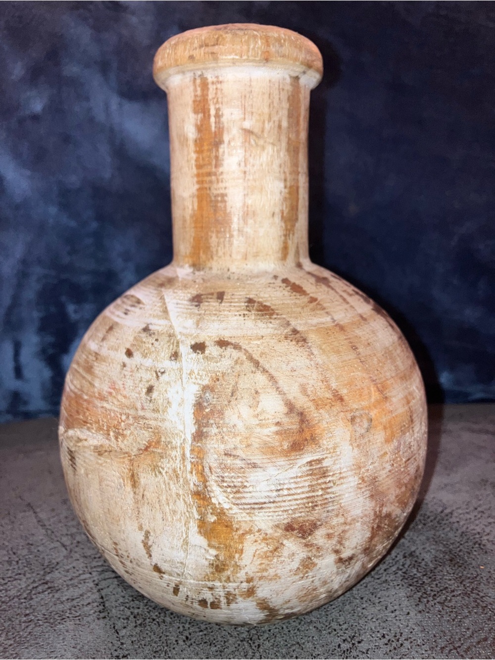 Wooden Round Vase  Distressed Look Textured Brown & Cream Small